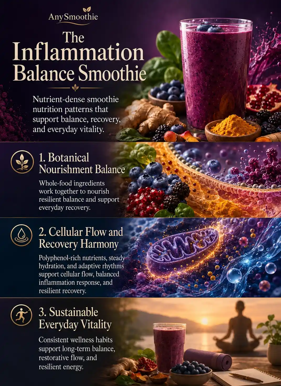 Premium wellness-science infographic for anti inflammation smoothie recipes featuring berry smoothie ingredients, turmeric, botanical recovery balance, hydration flow, mitochondrial-inspired cellular harmony, and sustainable vitality design.