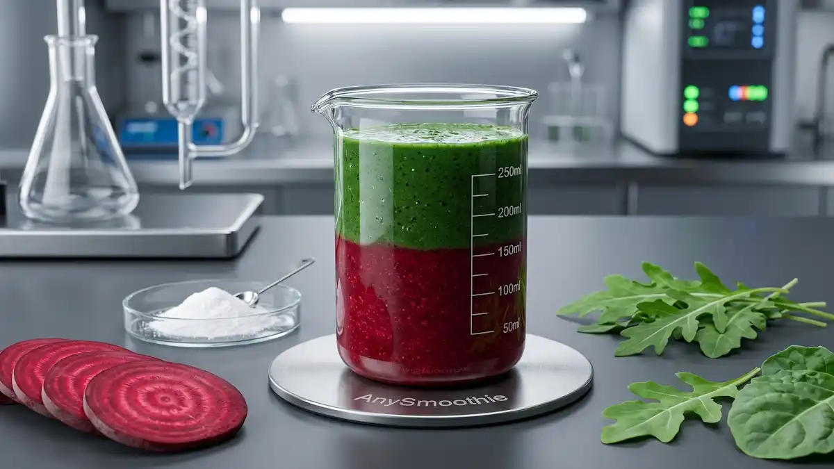 A dual-layered crimson beet and dark-green kale smoothie inside a laboratory-grade glass beaker, showcasing the beet and greens protocol for nitric oxide bioavailability. The beaker rests on a laser-etched AnySmoothie titanium coaster, flanked by raw beetroot slices, fresh arugula leaves, and a petri dish of pure vitamin C powder in a clinical, technical setting.