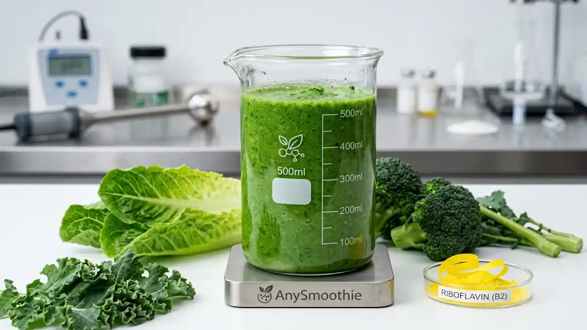 A clinical, hyper-focused shot of a deep-emerald green broccoli and romaine smoothie in a borosilicate glass beaker branded AnySmoothie, optimized with pure Riboflavin powder to complement a green smoothie for hepatic phase I support.