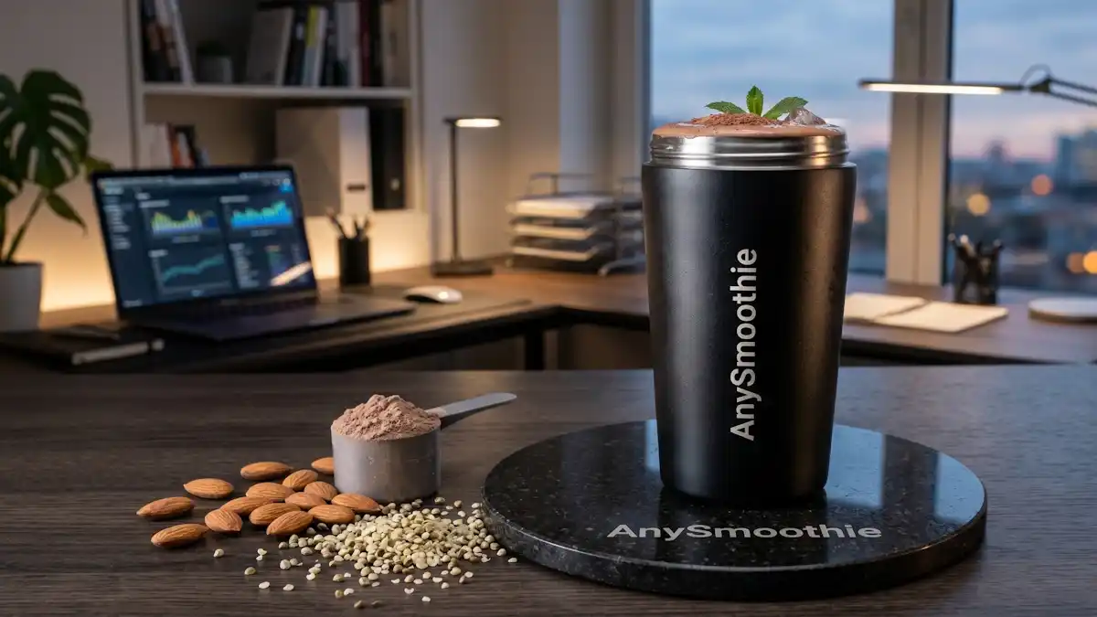 A close-up shot of a thick chocolate high protein smoothie in a stainless steel shaker on a laser-etched AnySmoothie coaster, surrounded by protein powder, almonds, and hemp seeds, set in a modern home office with a city skyline background.