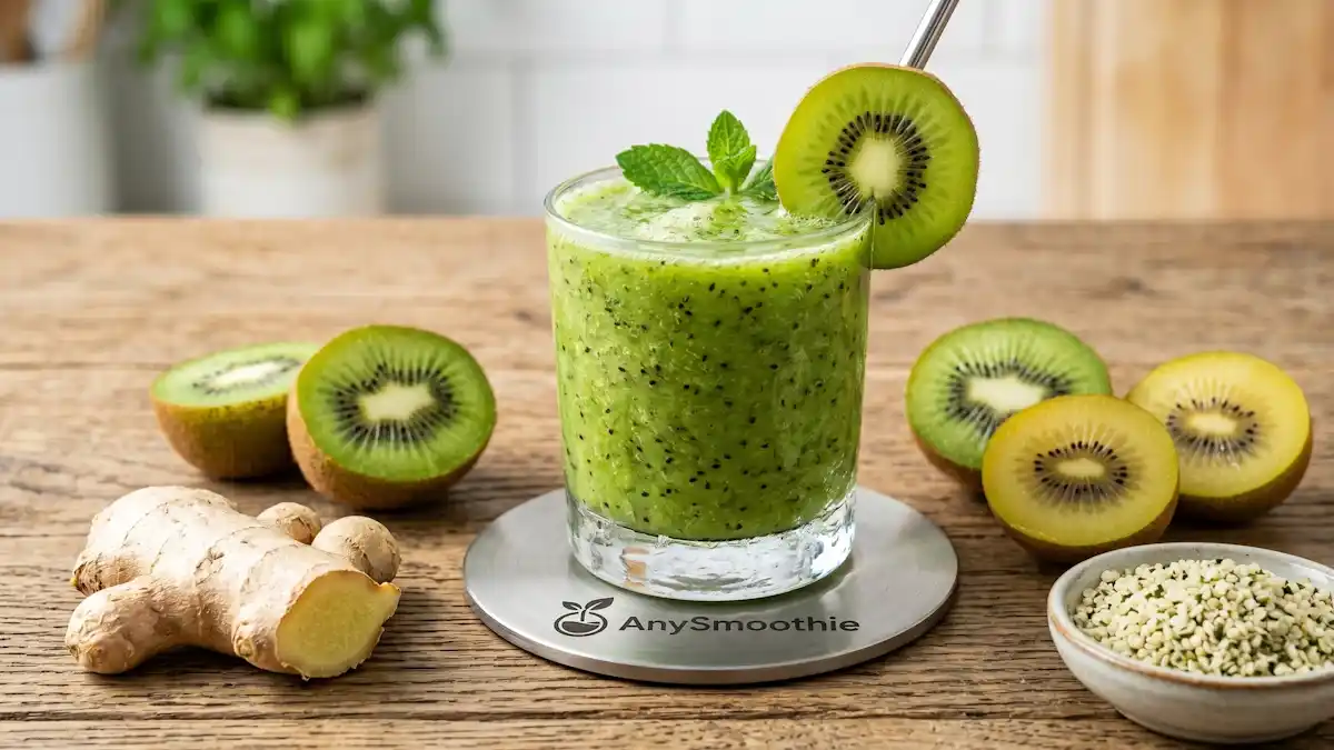 High-performance AnySmoothie kiwi green smoothie in a minimalist glass on a titanium coaster, surrounded by fresh ginger, hemp hearts, and gold kiwi slices to highlight proteolytic enzyme support.