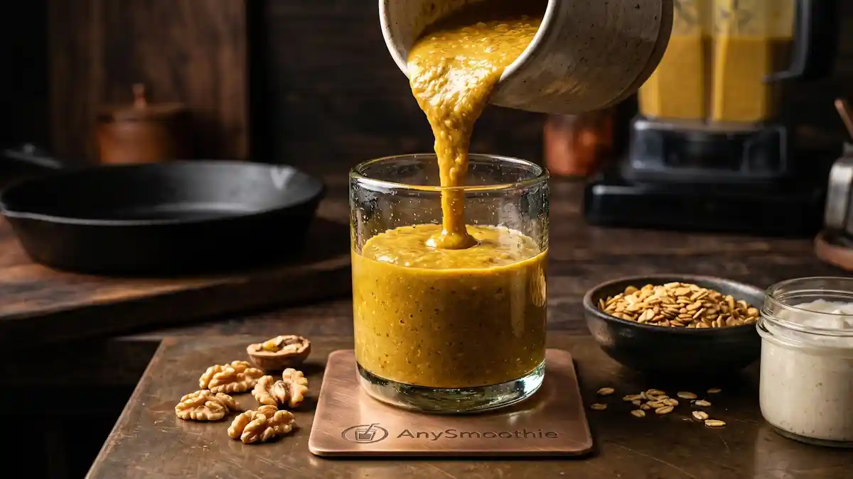 A professional, high-contrast shot of a golden AnySmoothie being poured into a glass tumbler on a laser-etched bronze coaster, surrounded by walnuts and coconut cream to illustrate smoothies for enhanced energy density.