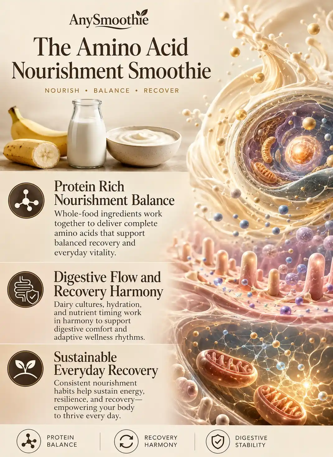 Premium wellness-science infographic showing a banana milk and yogurt smoothie for amino acid delivery with digestive balance, protein nourishment, mitochondrial-inspired recovery visuals, and adaptive wellness rhythms in a cinematic biological environment.