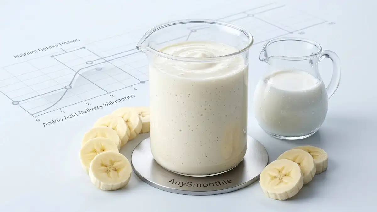 Ultra-homogeneous ivory-white banana milk and yogurt smoothie inside a laboratory glass beaker on a laser-etched AnySmoothie titanium coaster, surrounded by precise banana slices and a nutrient delivery timeline graph.