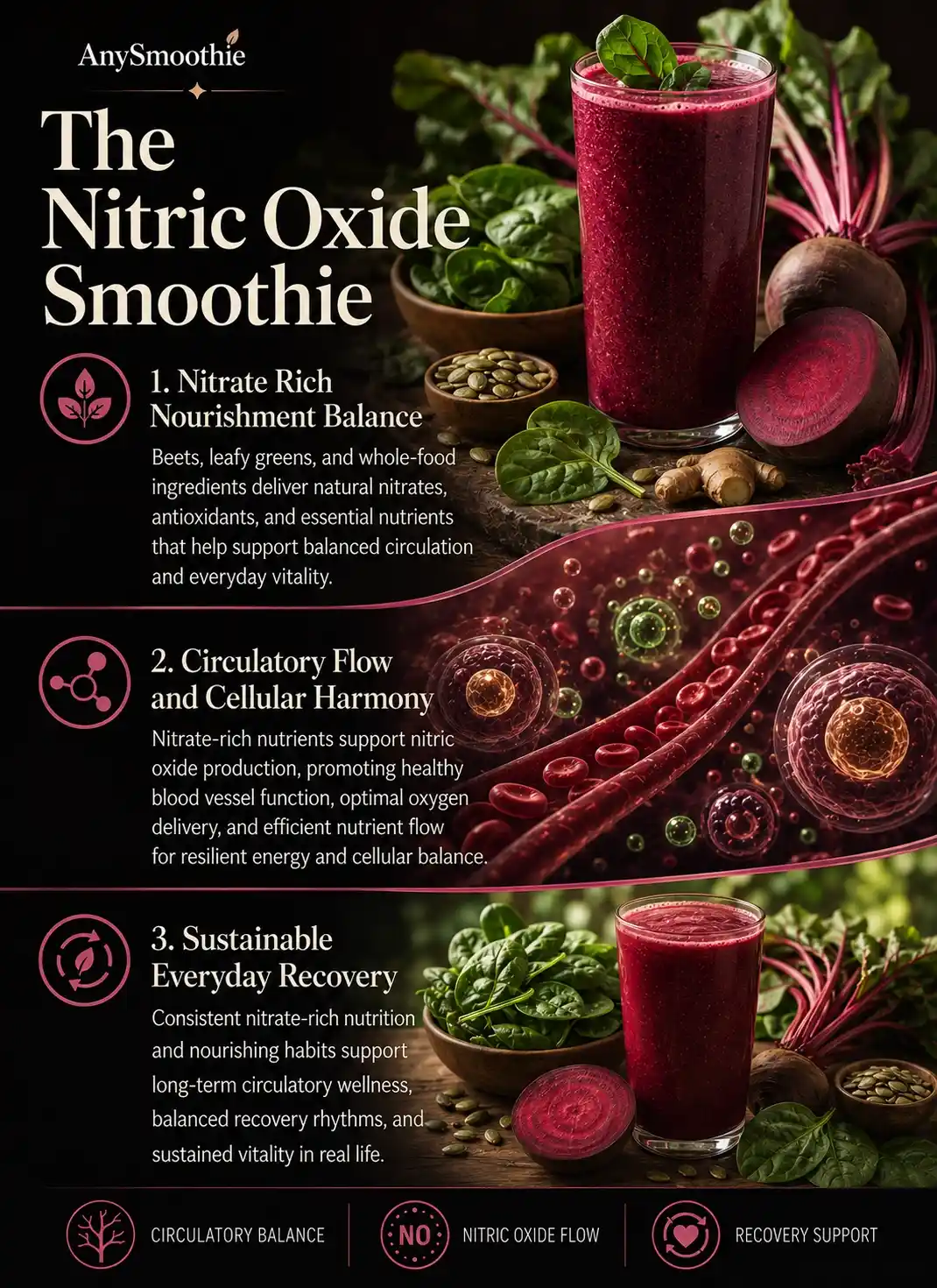 Premium wellness-science infographic showing a beet and greens smoothie for nitric oxide bioavailability with nitrate-rich ingredients, circulatory wellness symbolism, vascular-inspired biological textures, hydration balance visuals, and cinematic editorial nutrition design.