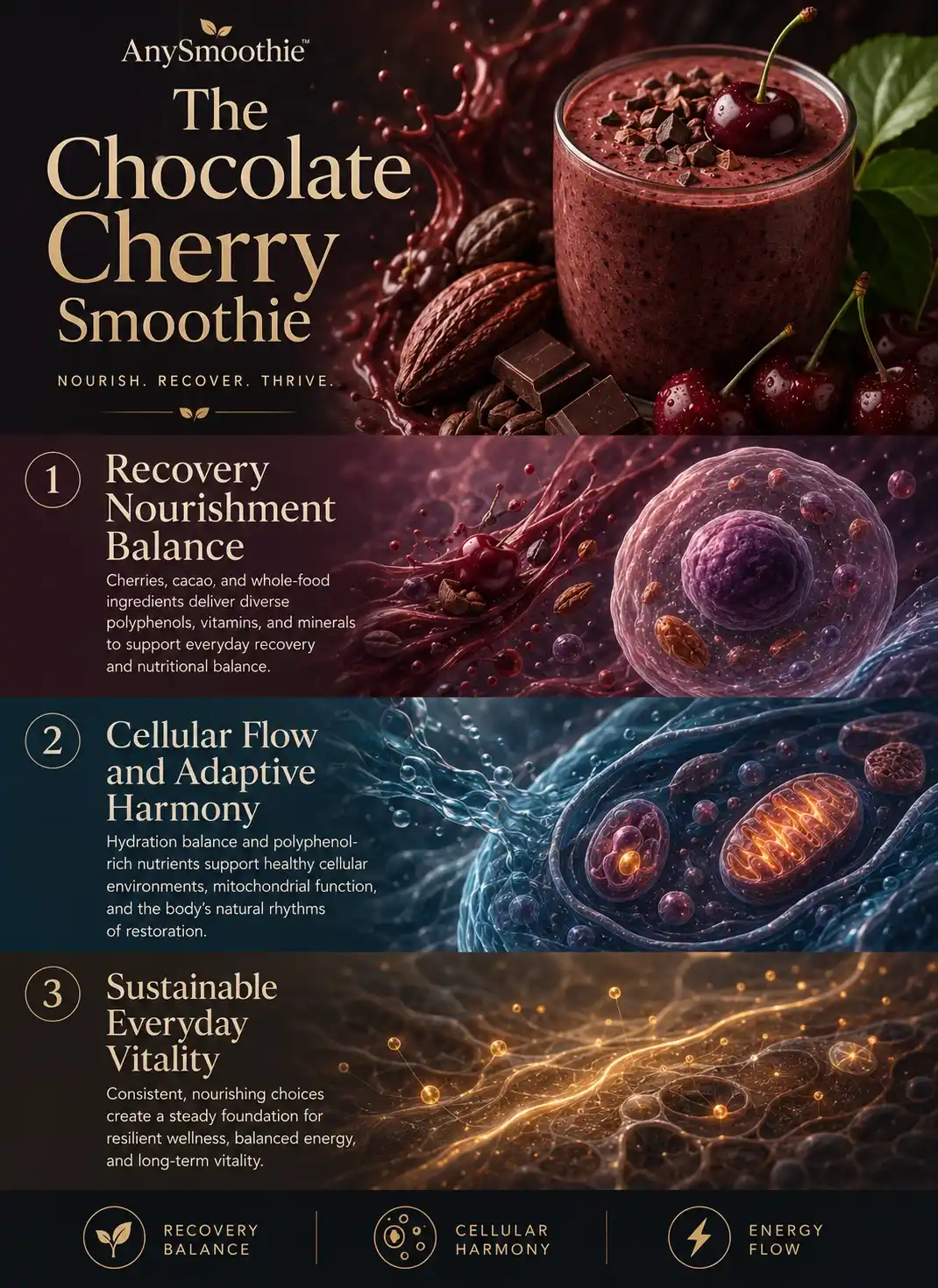 Premium wellness-science infographic showing a chocolate and cherry smoothie for myocellular recovery with cacao textures, cherries, intracellular-inspired biological visuals, mitochondrial recovery symbolism, and adaptive wellness balance themes.