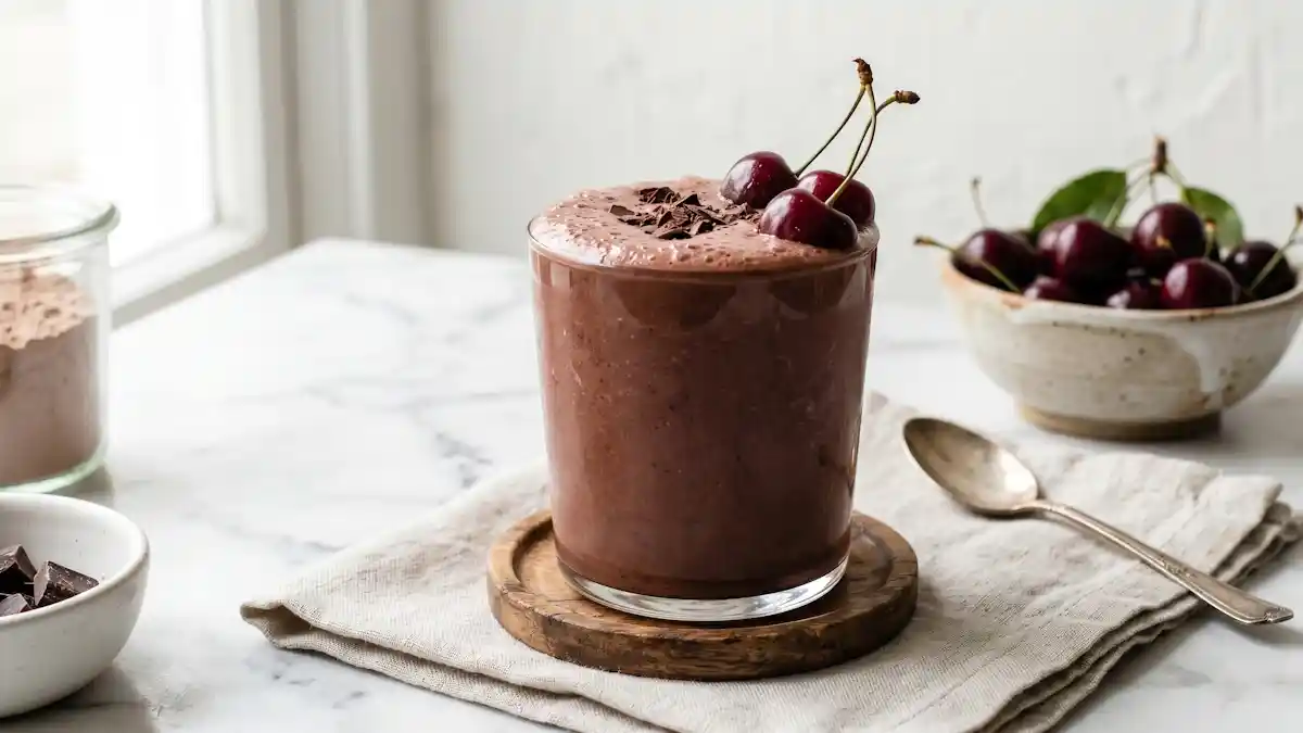Creamy chocolate cherry protein shake in a glass topped with fresh cherries and dark chocolate shavings on a marble surface.