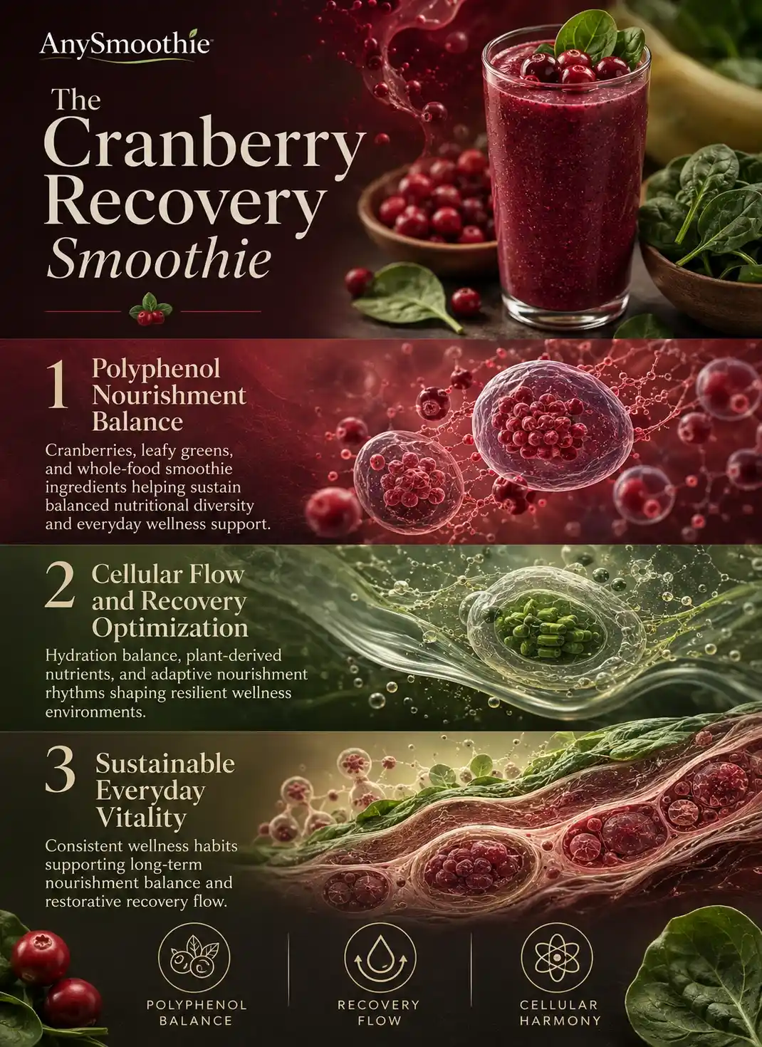 Premium wellness-science infographic featuring a cranberry spinach smoothie for oxylipin modulation with cinematic cellular-inspired recovery visuals, polyphenol-rich ingredients, hydration balance, and adaptive wellness support.