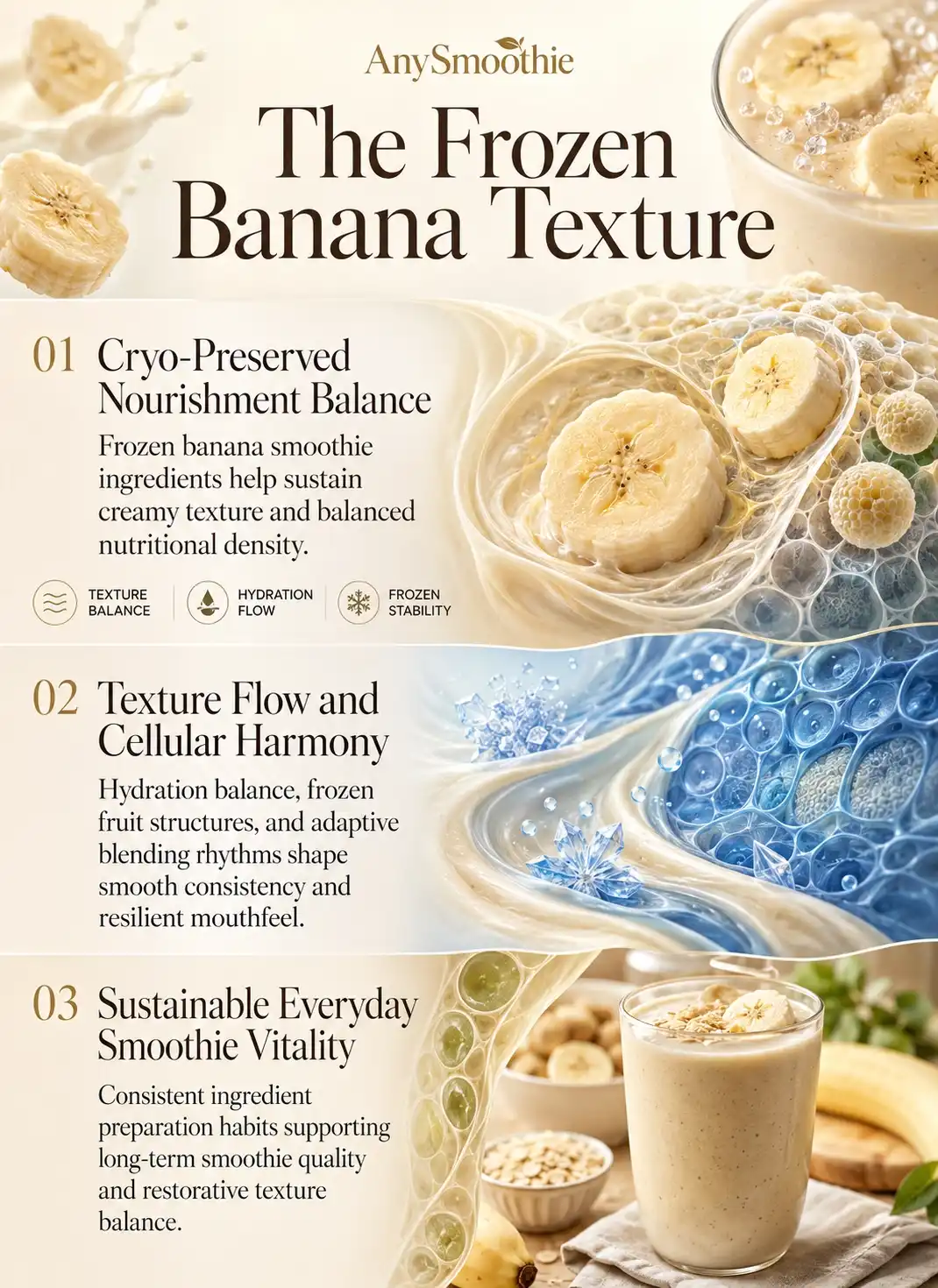Premium wellness-science infographic showing cryo-preservation of banana substrates for texture optimization in smoothies with frozen banana textures, hydration flow visuals, creamy consistency balance, and cinematic biological-inspired smoothie environments.