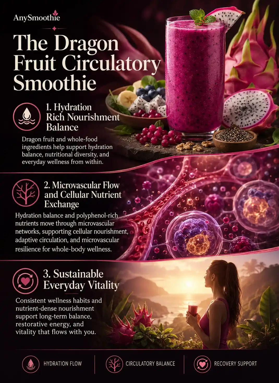 Premium wellness-science infographic showing a dragon fruit smoothie for microvascular system support with hydration balance visuals, circulatory wellness symbolism, cellular-inspired biological textures, and nutrient-dense tropical ingredients in a cinematic editorial design.
