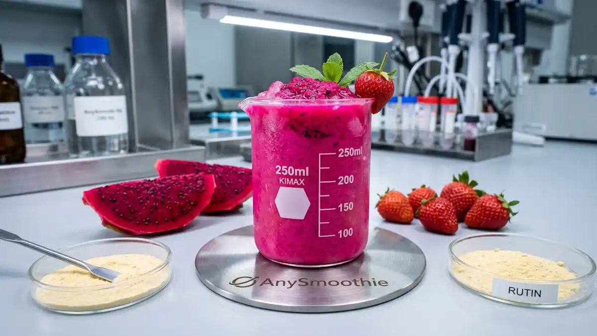 A clinical, high-intensity studio shot of a vibrant neon-pink dragon fruit smoothie in a glass beaker placed on a laser-etched AnySmoothie brushed-titanium coaster. The formulation is surrounded by deep-red dragon fruit slices with black seeds, fresh wild strawberries, and a glass dish containing light yellow rutin powder, highlighting a dragon fruit smoothie for microvascular system support.