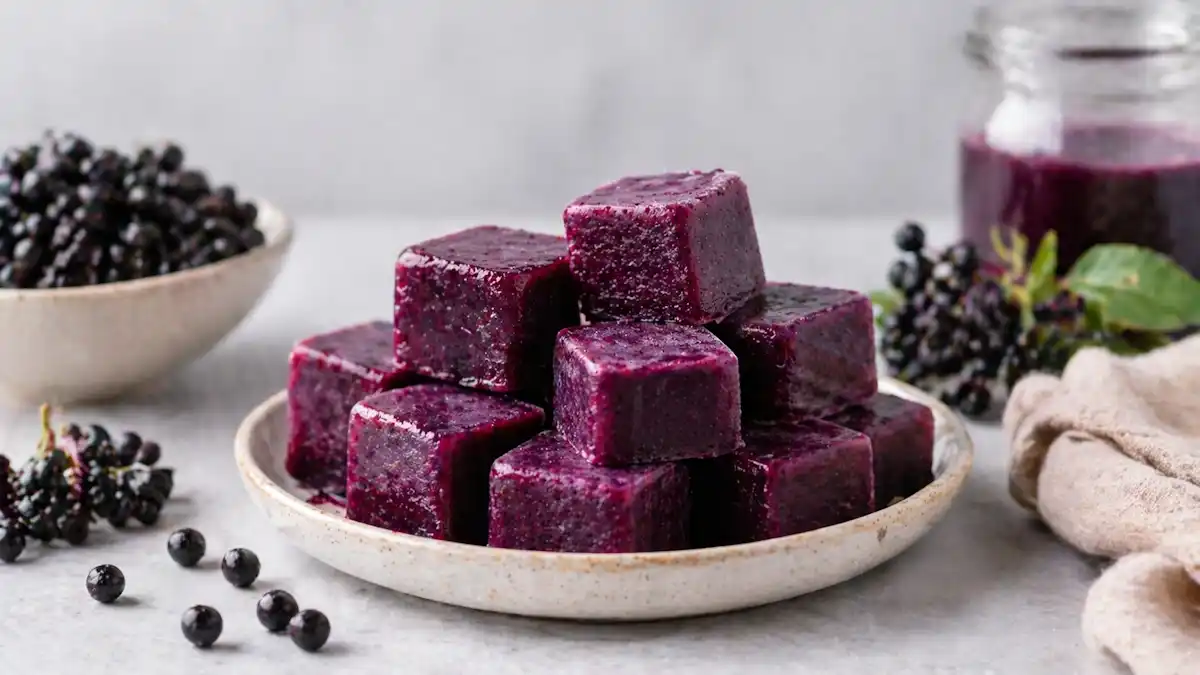Frozen elderberry smoothie cubes stacked on a plate, made with dark berries, healthy antioxidant snack