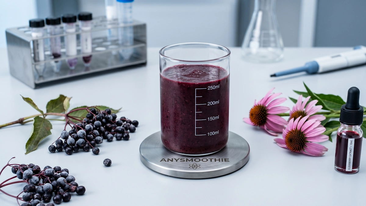 A deep purple elderberry smoothie in a graduated laboratory glass, positioned on a titanium coaster with the AnySmoothie logo, featuring fresh elderberries and echinacea to represent the biochemical mechanics of cytokine modulation.