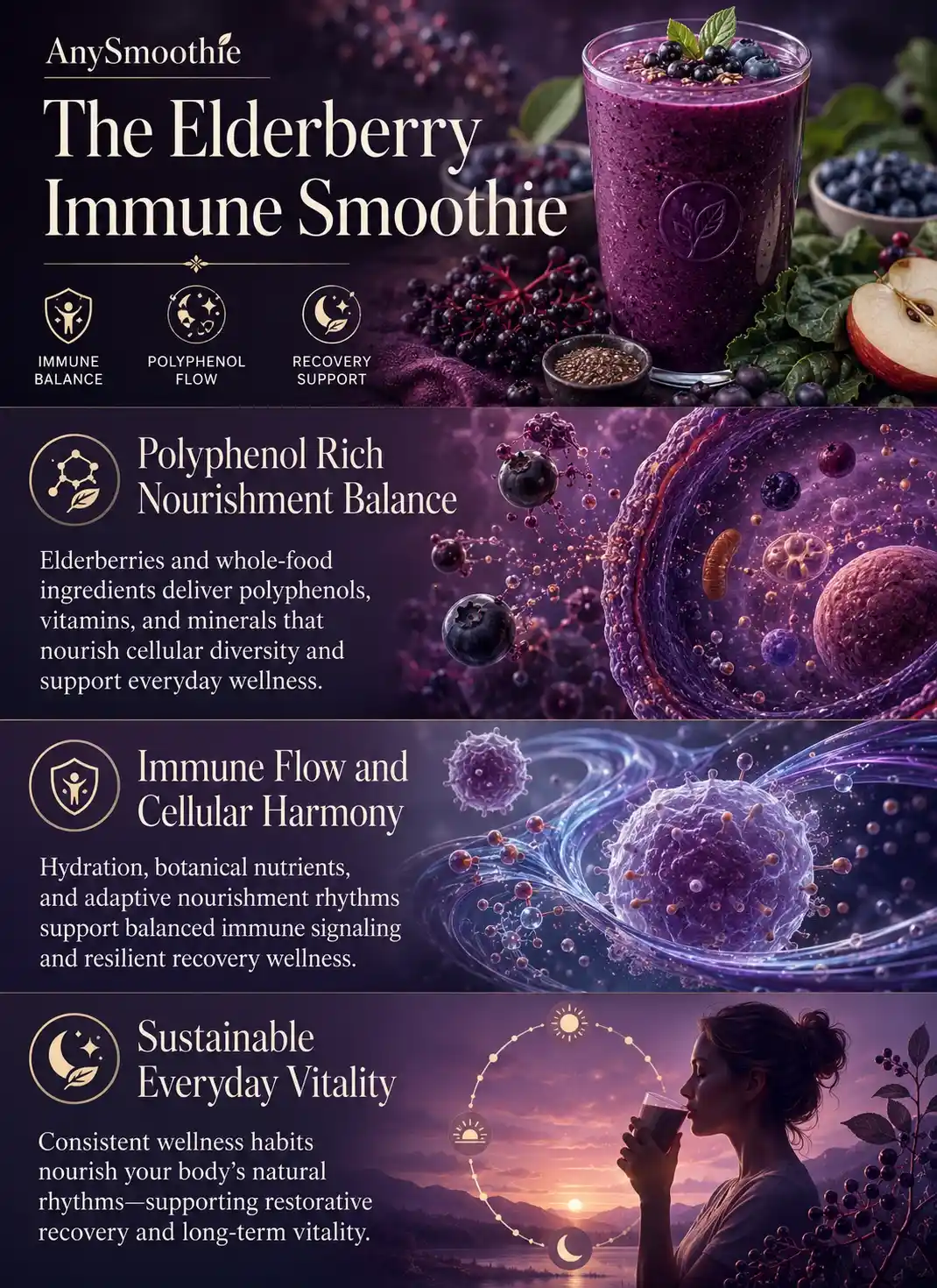 Premium wellness-science infographic illustrating an elderberry smoothie for cytokine modulation with adaptive immune wellness, polyphenol-rich nourishment, intracellular-inspired biological environments, and restorative recovery support in cinematic elderberry-purple editorial design.