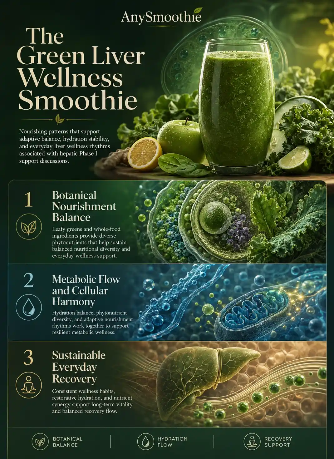 Premium wellness-science infographic showing a green smoothie for hepatic phase i support with botanical nourishment balance, metabolic flow, hydration stability, cellular harmony, leafy greens, mitochondrial-inspired visuals, and sustainable liver wellness recovery patterns.