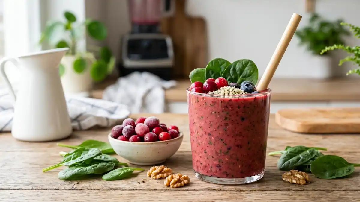 A vibrant red cranberry and spinach smoothie in a glass, topped with fresh spinach leaves, whole cranberries, and hemp seeds, served on a wooden kitchen table.