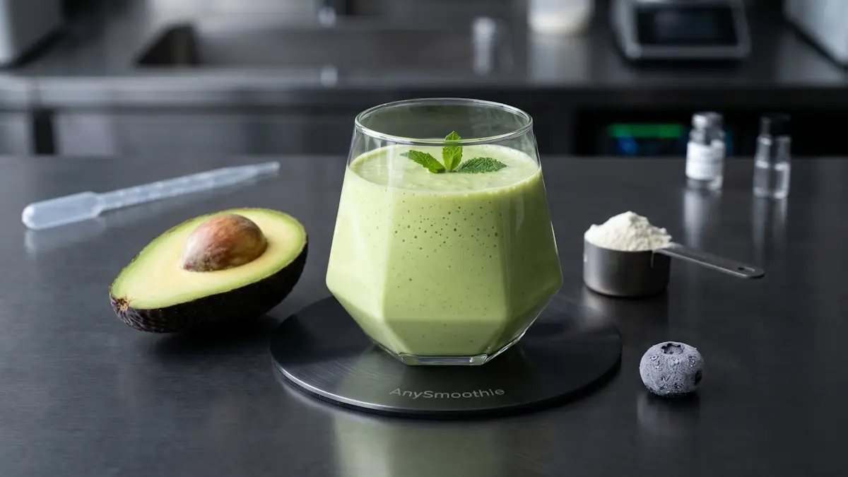 A high-efficiency smoothie in a geometric glass on a laser-etched metal coaster, surrounded by an avocado, a frozen blueberry, and a titanium protein scoop in a minimalist laboratory setting.