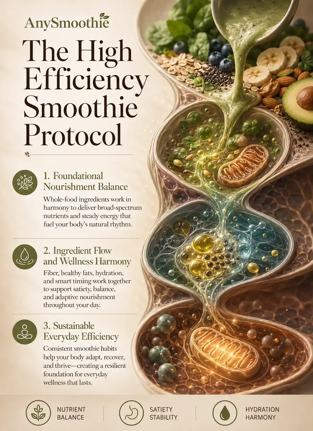 Premium wellness-science infographic showing the High Efficiency Smoothie Protocol with nutrient-dense smoothie ingredients, hydration harmony, satiety stability, mitochondrial-inspired biological visuals, and recovery smoothies for metabolic priming.