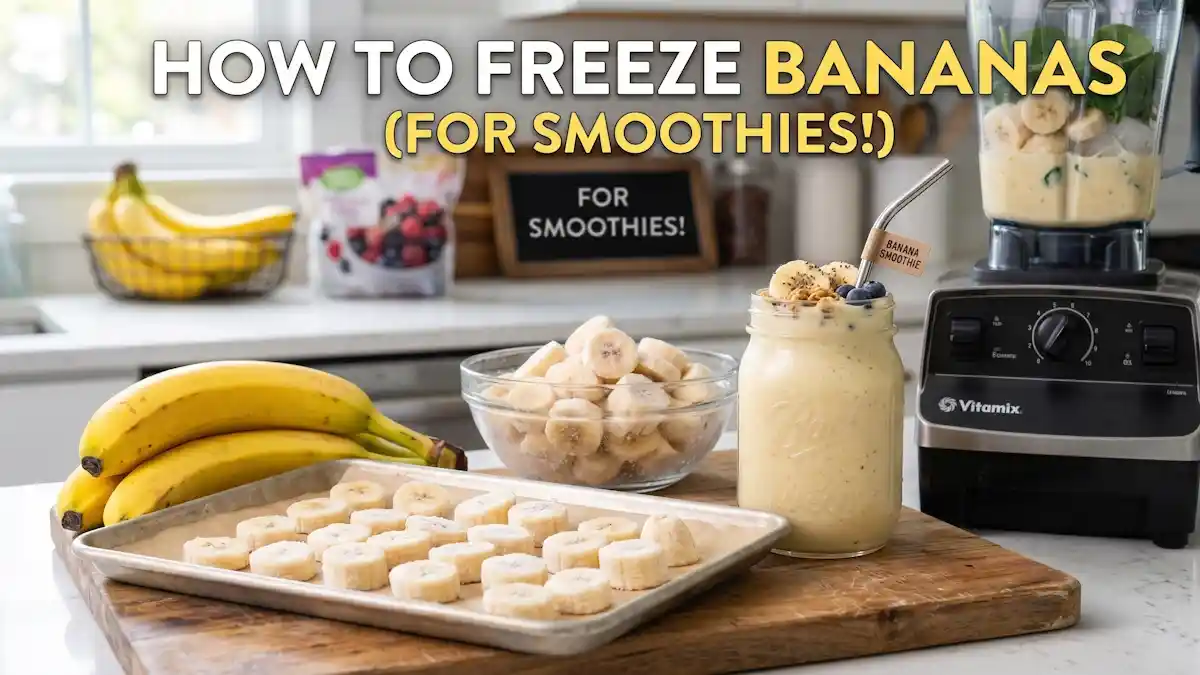 Slices of fresh bananas arranged on a baking sheet for freezing next to a blender and a finished banana smoothie.