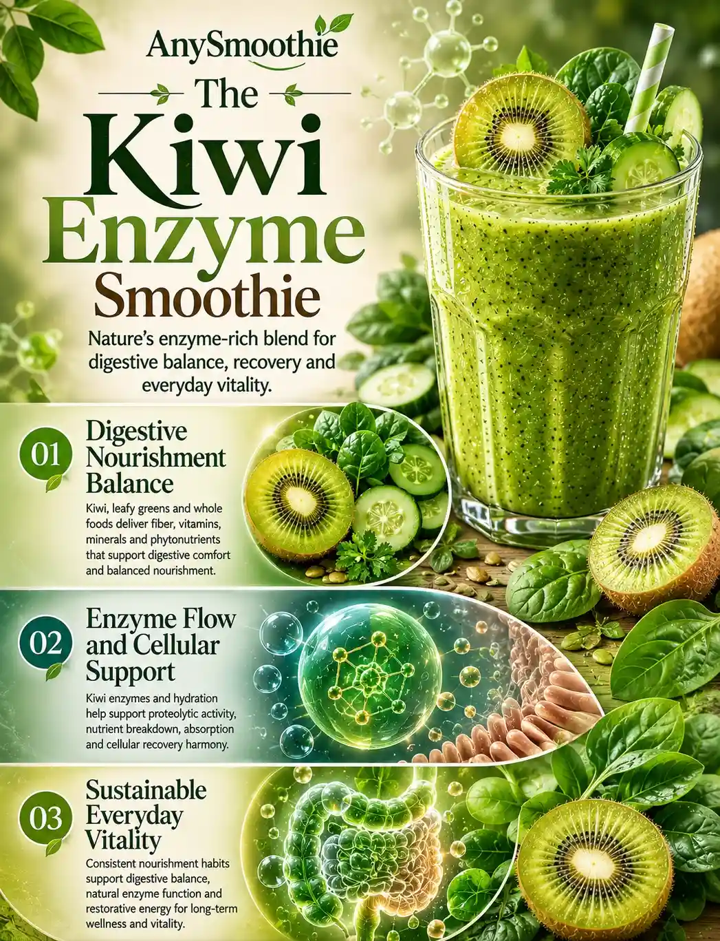 Premium wellness-science infographic featuring a kiwi green smoothie with proteolytic enzyme support, digestive wellness balance, hydration flow, cellular recovery harmony, and sustainable vitality in a cinematic botanical-inspired environment.
