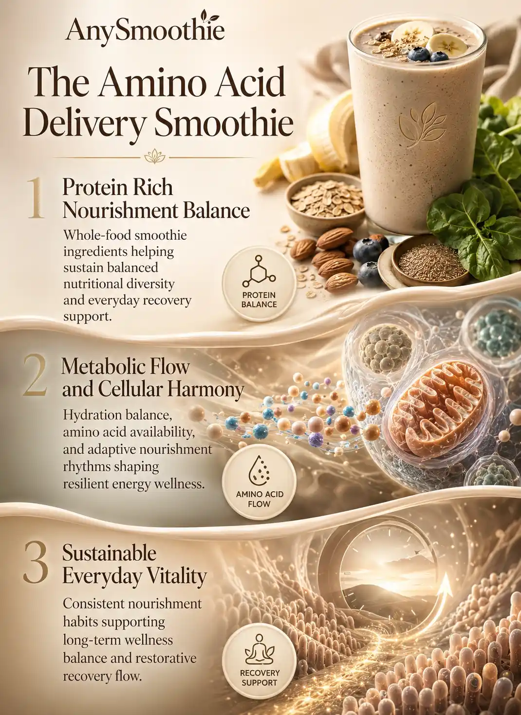 Premium wellness-science infographic featuring a macronutrient formulations smoothie for amino acid delivery with protein-rich smoothie ingredients, intracellular-inspired biological visuals, metabolic flow environments, hydration balance, and sustainable recovery support in an elegant cinematic editorial design.