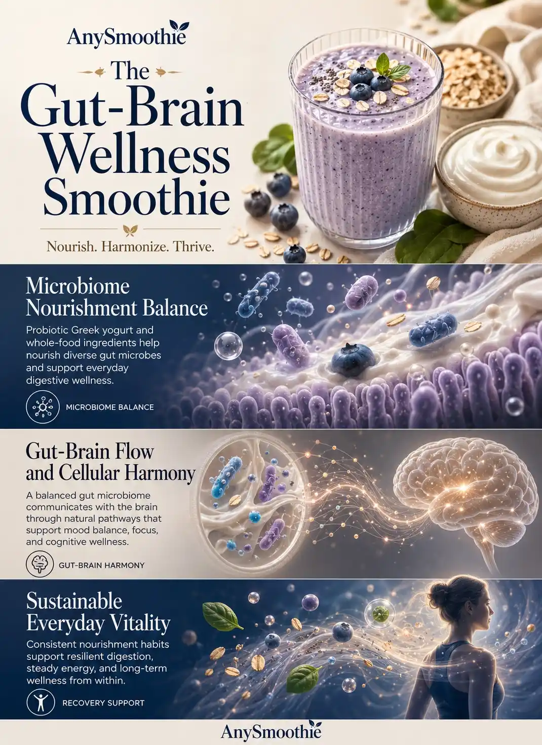 Premium wellness-science infographic featuring a probiotic Greek yogurt smoothie for gut-brain axis signaling with microbiome-inspired visuals, digestive harmony environments, neural communication pathways, and adaptive recovery wellness storytelling in an elegant editorial design.