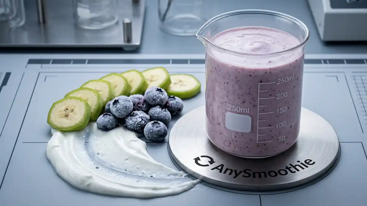 Clinical-grade macro shot of a dense probiotic greek yogurt smoothie for gut-brain axis signaling in a laboratory beaker, surrounded by prebiotic green bananas and wild blueberries on a technical slate surface.