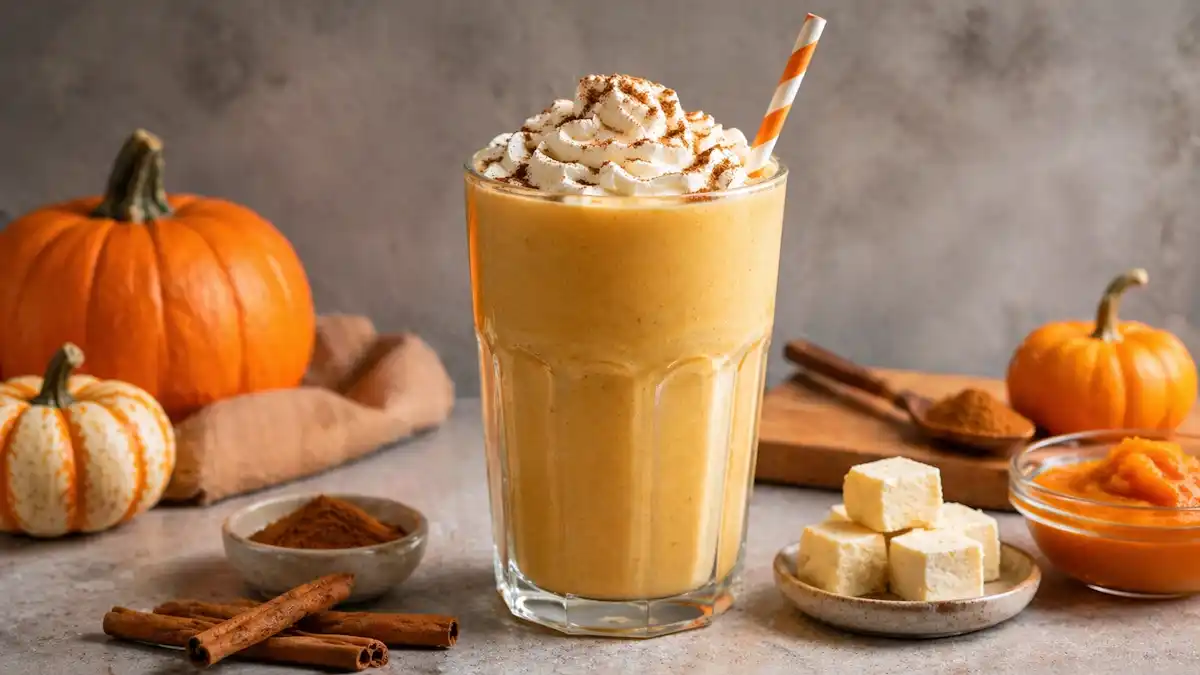 Creamy pumpkin cheesecake protein smoothie topped with whipped cream and cinnamon, served in a glass with fresh pumpkin puree and autumn spices