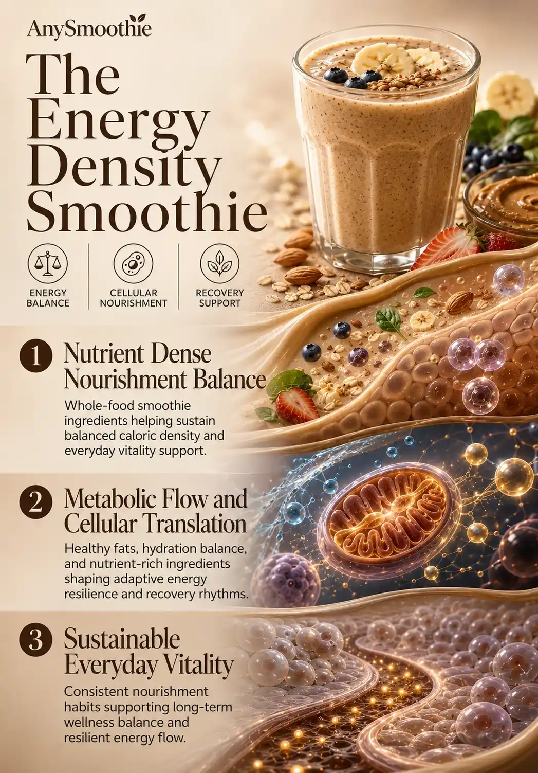 Premium wellness-science infographic showing smoothies for enhanced energy density with nutrient-dense ingredients, adaptive metabolic balance, mitochondrial-inspired cellular visuals, healthy fats, hydration flow, and sustainable vitality support in a cinematic editorial design.