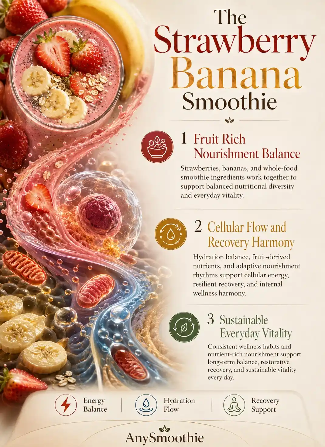 Premium wellness-science editorial infographic featuring a strawberry banana smoothie with hydration balance, cellular recovery harmony, adaptive energy wellness, and sustainable vitality themes in a cinematic biological environment.