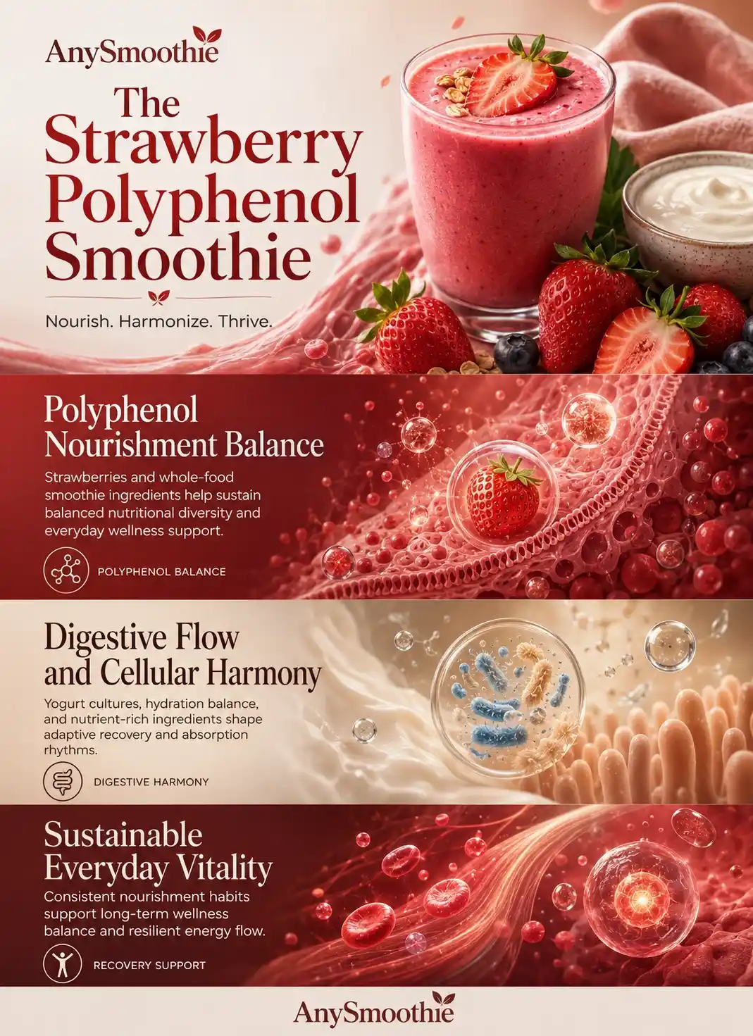 Premium wellness-science infographic showing a strawberry yogurt smoothie for polyphenol bioavailability with digestive harmony visuals, microbiome-inspired biological textures, cellular recovery environments, and nutrient absorption pathways in a cinematic editorial design.