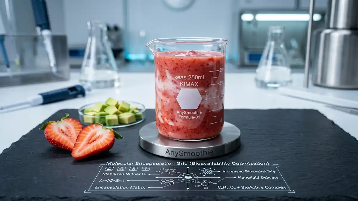 A top-performance strawberry yogurt smoothie inside a laboratory glass beaker on a titanium coaster, formulated for optimized polyphenol bioavailability. The clinical setup includes fresh strawberry halves, a petri dish with avocado cubes, and a molecular encapsulation diagram on a slate background.