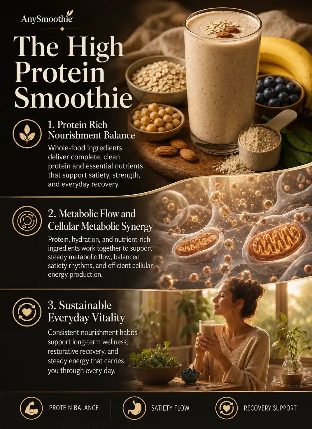 Premium wellness-science infographic showing the high protein smoothie for real life with protein-rich whole-food ingredients, satiety balance visuals, metabolic wellness symbolism, mitochondrial-inspired cellular environments, and sustainable recovery support in a cinematic editorial design.