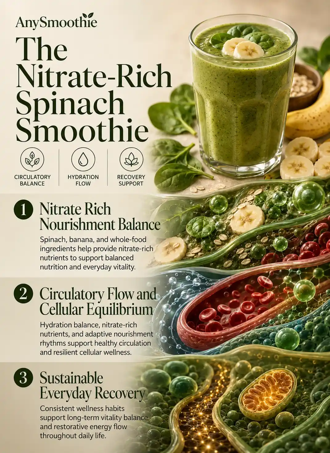 Premium wellness-science infographic featuring the nitrate-rich spinach and banana smoothie with circulatory wellness visuals, nitric oxide balance symbolism, hydration flow, vascular-inspired biological textures, and sustainable recovery support in a cinematic editorial design.