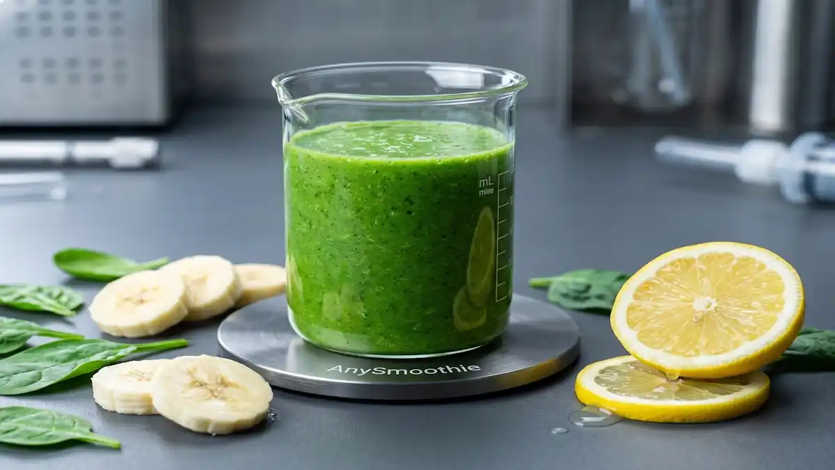 A high-contrast technical shot of the nitrate-rich spinach and banana smoothie in a glass beaker on a brushed-titanium AnySmoothie coaster, surrounded by fresh baby spinach leaves, precise banana slices, and a dripping lemon wheel.