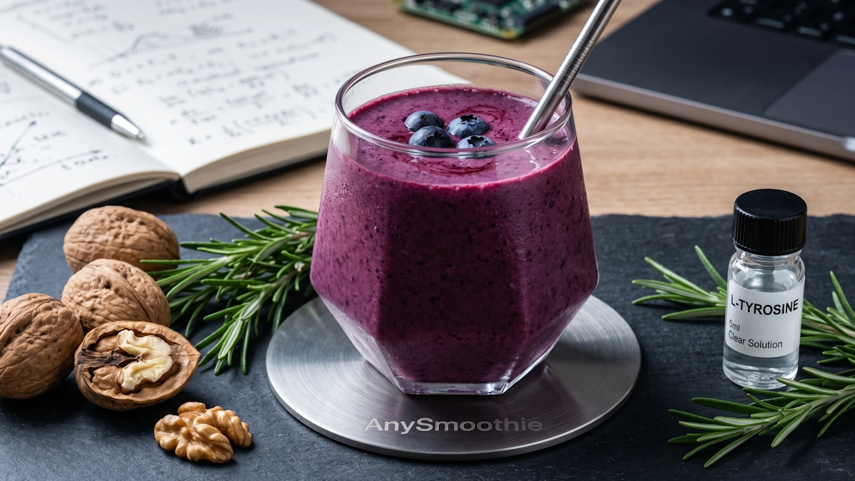 A deep-purple wild blueberry smoothie in a geometric glass on a titanium AnySmoothie coaster, featuring walnuts, rosemary, and L-Tyrosine to illustrate neurocognitive priming breakfast smoothie protocols.