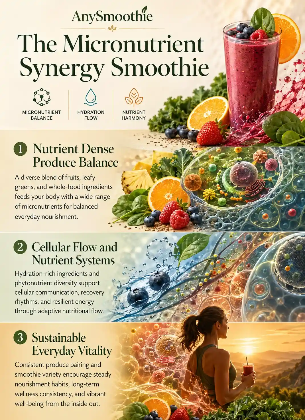 Premium wellness-science infographic titled “The Micronutrient Synergy Smoothie” illustrating fruit and vegetable smoothie formulations for micronutrient synergy, hydration balance, nutrient harmony, cellular wellness rhythms, leafy greens, berries, citrus fruits, and adaptive whole-food nourishment systems.