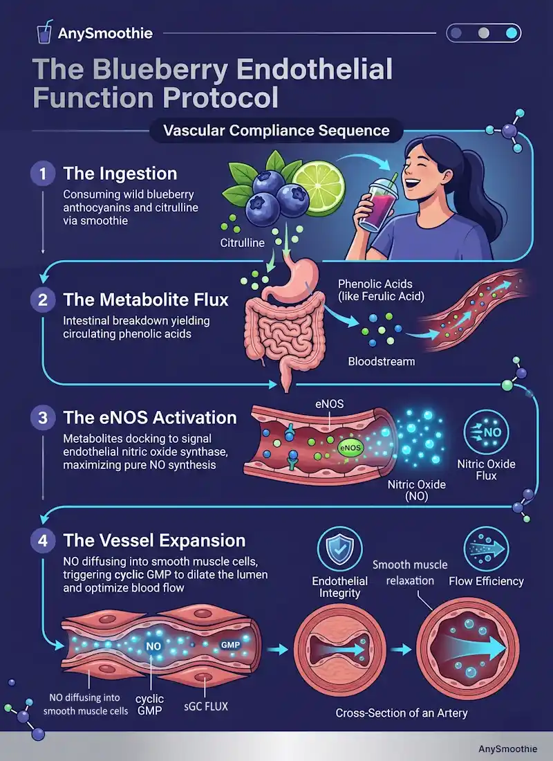 Educational infographic by AnySmoothie presenting The Blueberry Endothelial Function Protocol and Vascular Compliance Sequence. The visual chart details a blueberry smoothie for endothelial function across 4 stages: Ingestion of wild blueberry anthocyanins and citrulline, Metabolite Flux yielding circulating phenolic acids like ferulic acid, eNOS Activation for pure NO synthesis, and Vessel Expansion. The design shows a cross-section of an artery expanding smoothly alongside medical-grade icons for Nitric Oxide Flux, Endothelial Integrity, and Flow Efficiency, styled in deep indigo, clinical silver, and electric neon blue.