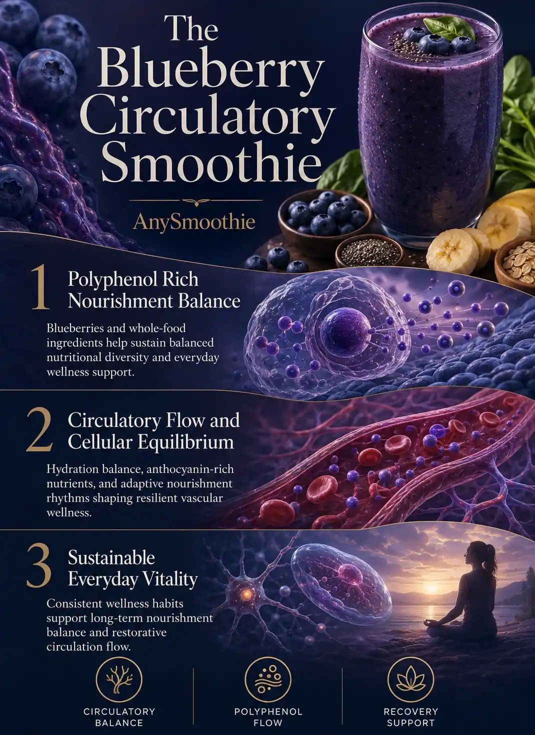 Premium wellness-science infographic showing a blueberry smoothie for endothelial function with polyphenol-rich ingredients, vascular-inspired biological visuals, adaptive circulation wellness themes, and cinematic blueberry-indigo editorial design.