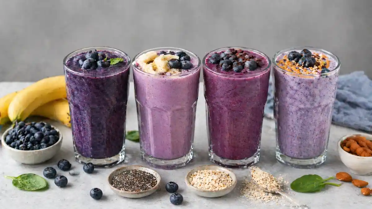Four blueberry smoothies in glasses with different toppings, made with fresh blueberries, healthy breakfast smoothie recipes