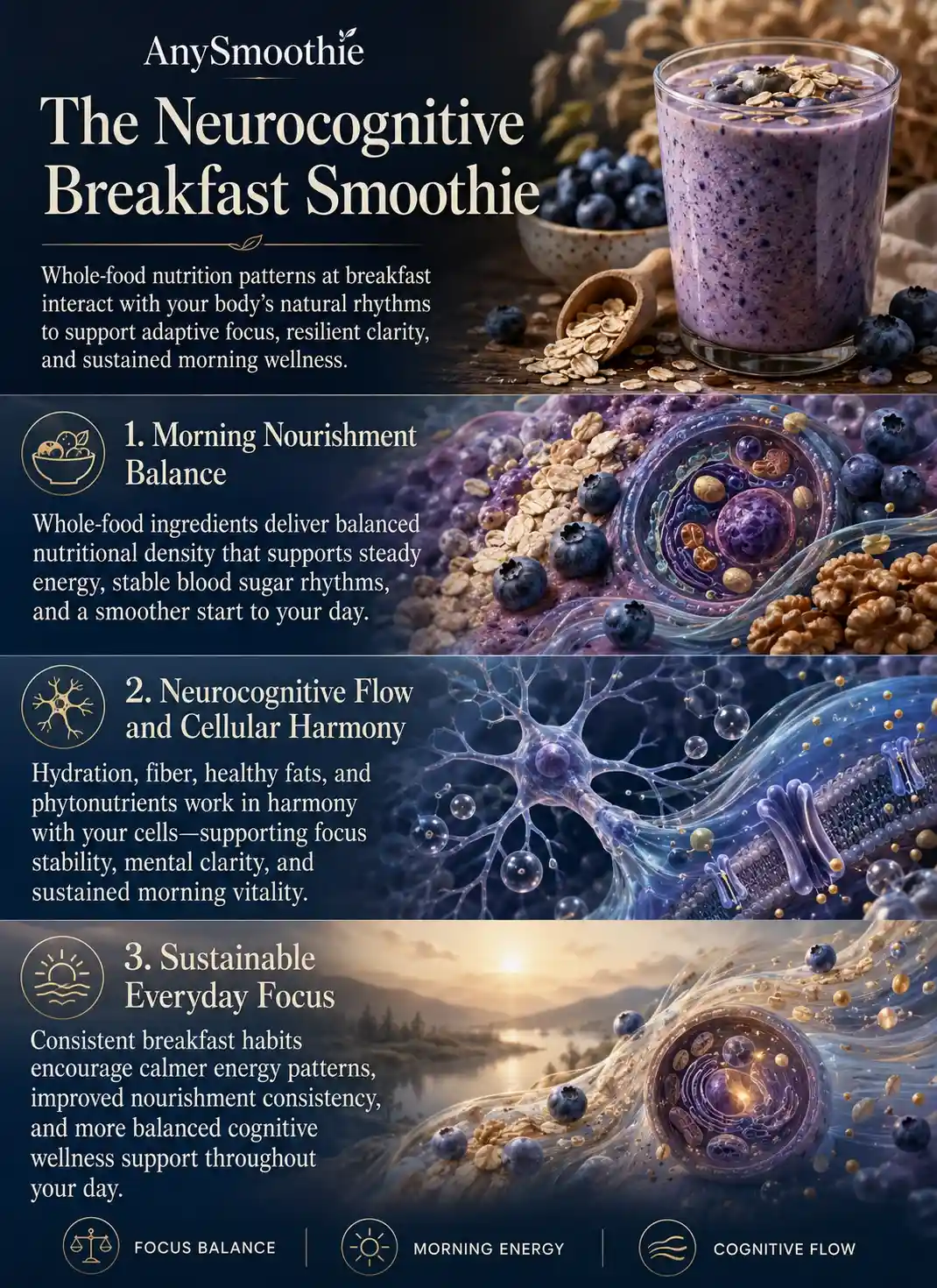 Premium wellness-science infographic titled “The Neurocognitive Breakfast Smoothie” illustrating breakfast smoothie protocols for neurocognitive priming with blueberries, oats, hydration balance, adaptive focus rhythms, cognitive flow, and sustainable morning wellness in a cinematic biological editorial design.