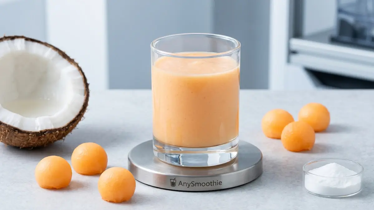 A high-performance pastel-orange cantaloupe smoothie for cellular hydration served in a minimalist glass beaker on a laser-etched AnySmoothie titanium coaster, flanked by fresh melon spheres, a cracked coconut, and a small dish of pure white taurine crystals in a bright clinical setting.