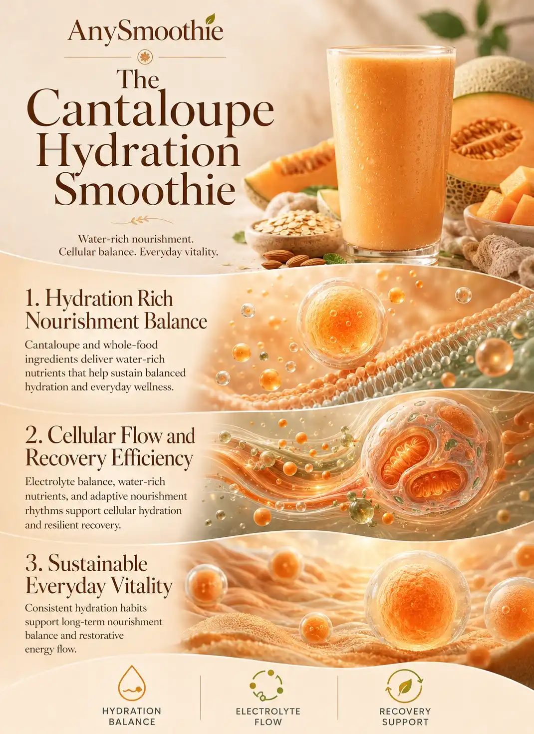 Premium wellness-science infographic showing a cantaloupe smoothie for cellular hydration with electrolyte balance, intracellular-inspired hydration visuals, adaptive recovery support, and water-rich nourishment concepts in a cinematic editorial design.