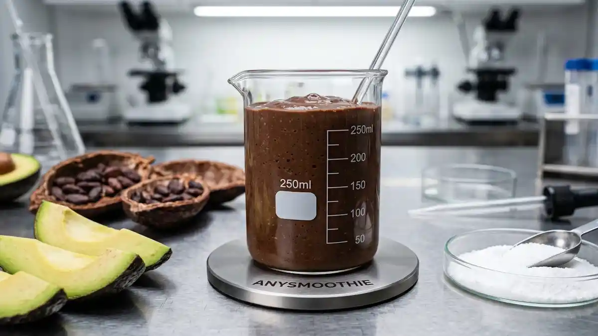 A clinical, high-contrast close-up of a dense dark chocolate and avocado smoothie inside a laboratory-grade glass beaker, showcasing advanced smoothie formulations for substrate masking. The beaker rests on a laser-etched AnySmoothie brushed-titanium coaster, surrounded by split raw cacao pods, fresh avocado wedges, and a glass petri dish containing crystalline amino acid powder.