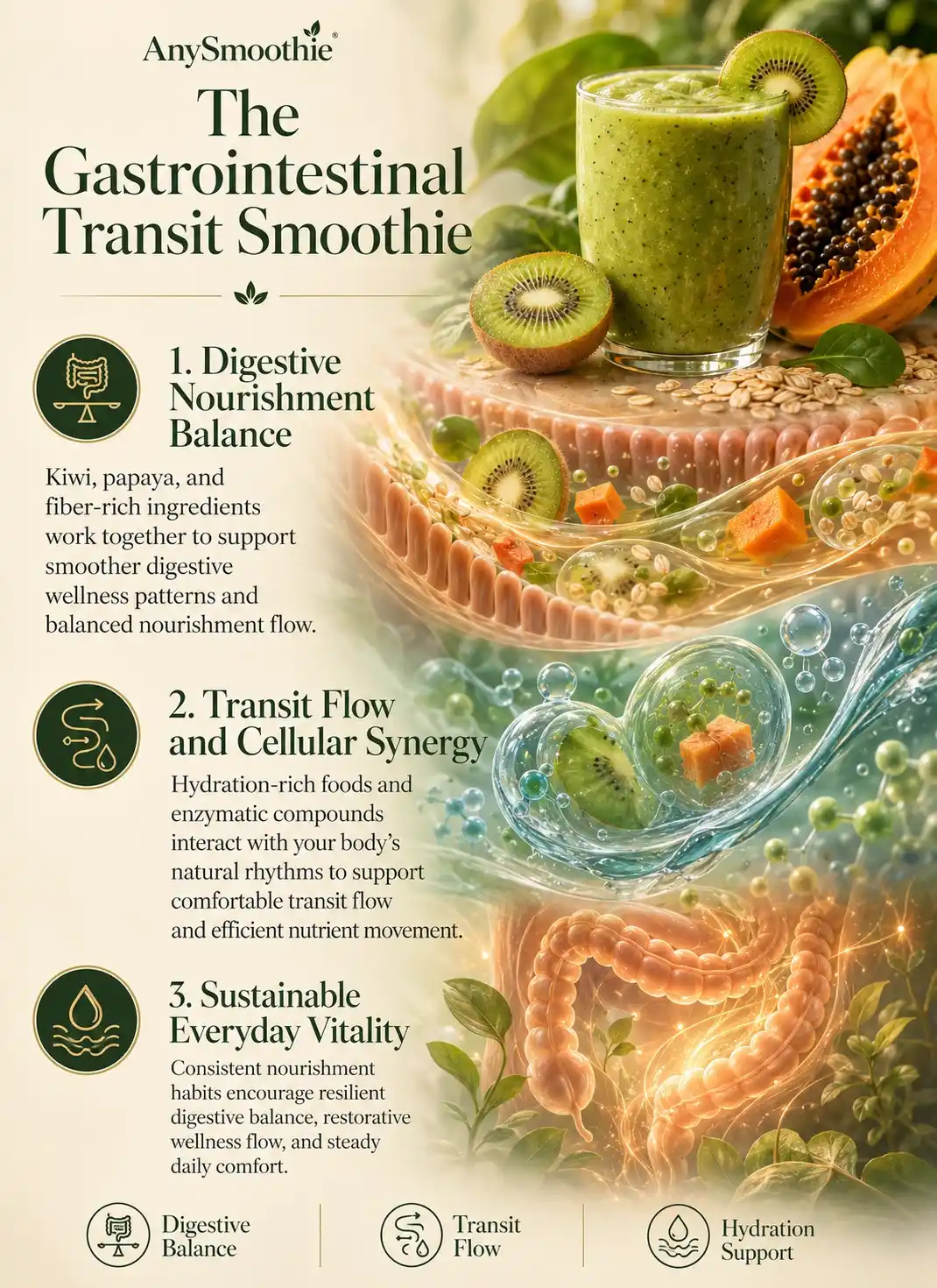 Premium wellness-science infographic for AnySmoothie illustrating enzymatic smoothie formulations for gastrointestinal transit using kiwi, papaya, hydration-rich ingredients, digestive balance visuals, and adaptive nutrient flow in a cinematic biological editorial design.