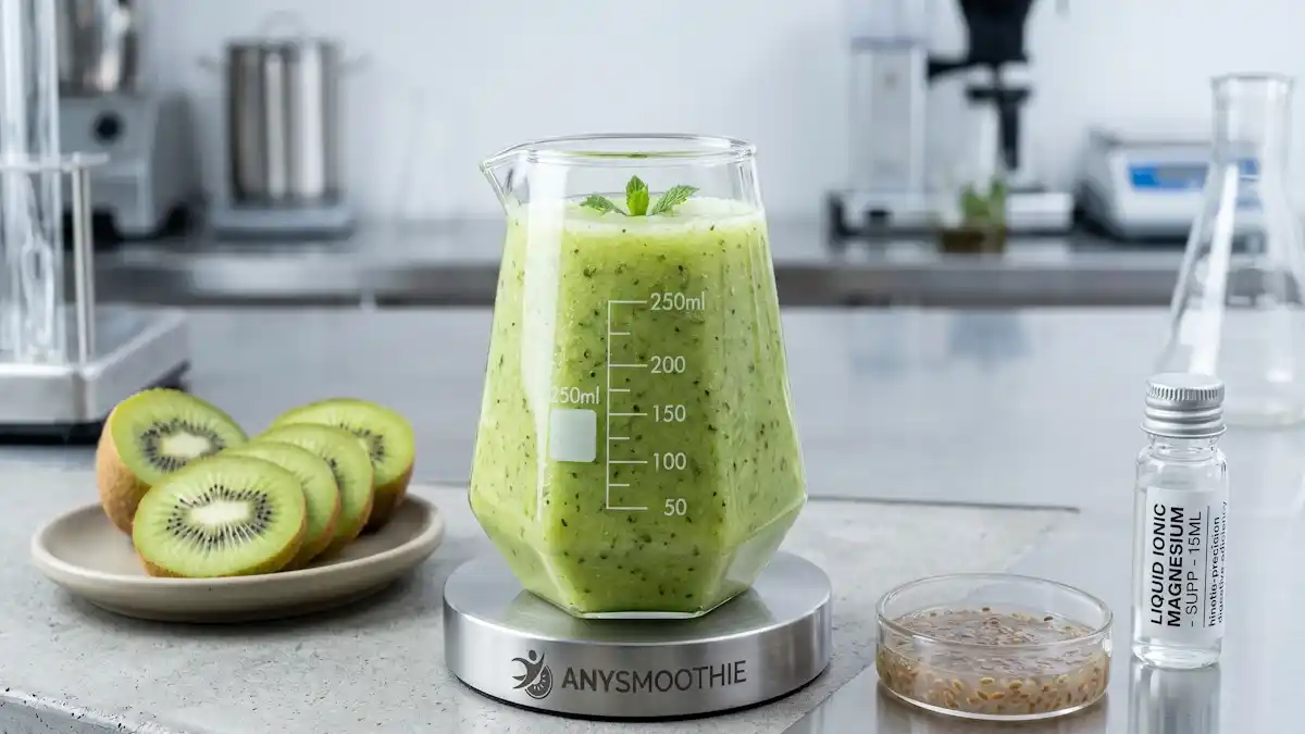 A vibrant light-green kiwifruit and mint smoothie inside a geometric laboratory beaker on a laser-etched AnySmoothie titanium coaster. Surrounding elements include sliced kiwifruits, a dish of viscous flaxseed mucilage, and a liquid ionic magnesium vial, illustrating enzymatic smoothie formulations for gastrointestinal transit.