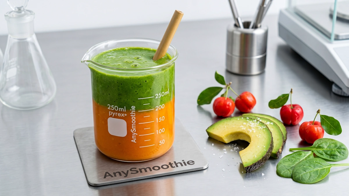 A dual-tone fruit and vegetable smoothie in a laboratory beaker showcasing optimized formulations for micronutrient synergy. The orange carrot-mango base and green spinach-acerola top layers are precisely divided, resting on an AnySmoothie brushed-titanium coaster alongside fresh avocado slices, wild acerola cherries, and spinach leaves under clinical lighting.