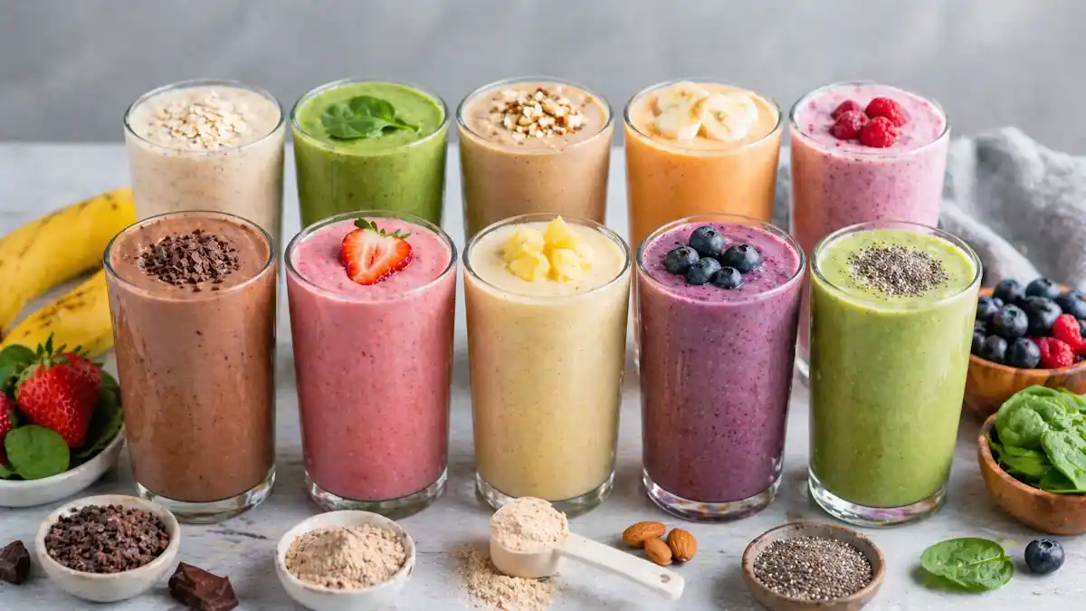 Variety of high protein smoothies for weight loss in glasses, made with fruits, greens, and superfoods, healthy meal replacement drinks