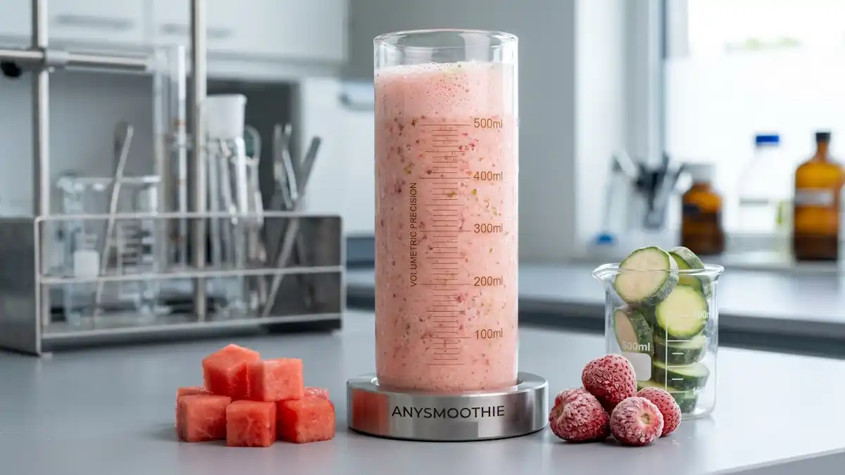 A tall minimalist glass cylinder filled with a pastel-pink aerated strawberry, lime, and zucchini smoothie, served on a laser-etched AnySmoothie titanium coaster. Surrounding the glass are precise geometric watermelon cubes and frosted wild strawberries, representing precise formulations for the lowest calorie smoothie recipes in a clinical laboratory setting.