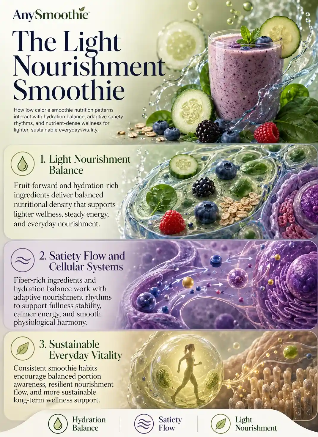 Premium wellness-science infographic illustrating lowest calorie smoothie recipes with hydration balance, adaptive satiety flow, nutrient-dense light nourishment, cucumber and berry smoothie ingredients, and sustainable vitality support in a cinematic biological editorial design.